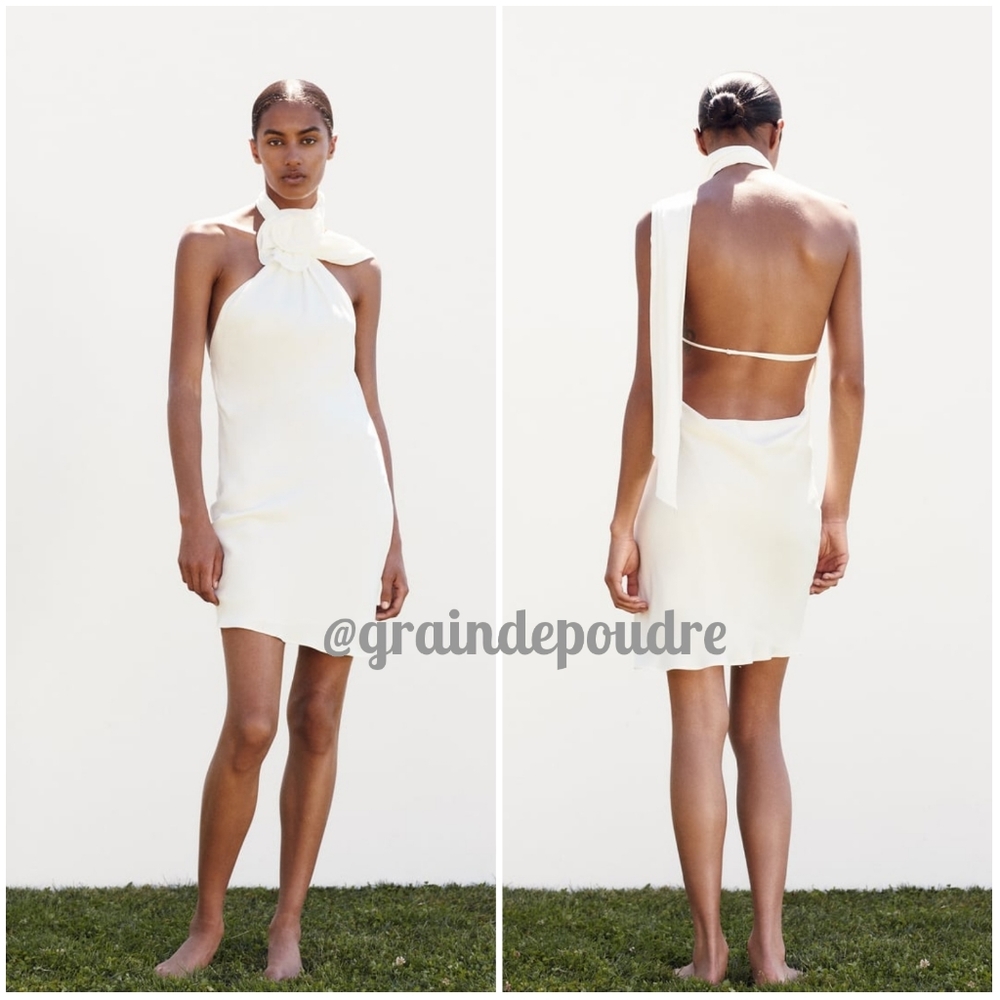 Rare! Zara White Satin Flower Wrap Halter Neck Dress XS S M L